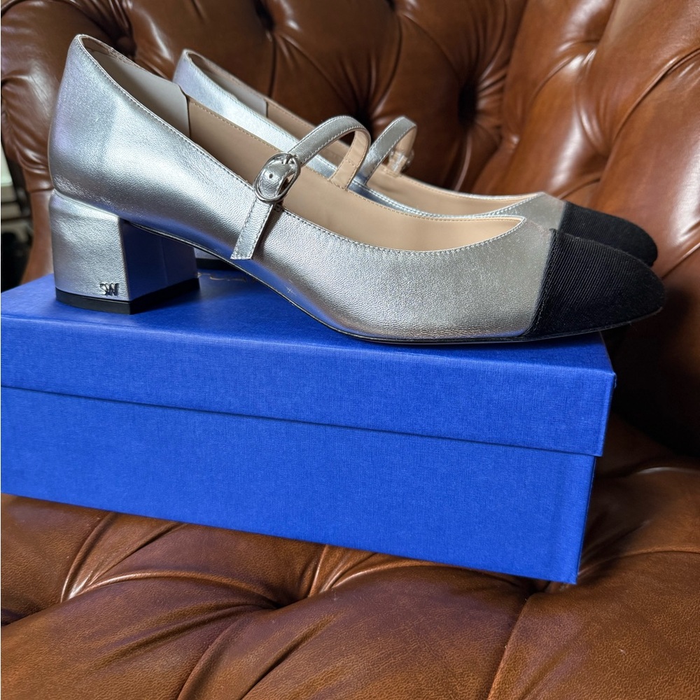 Stuart Weitzman Silver Mary Jane Pumps with Black Cap Toe